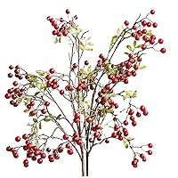 2Pcs 27.6 inch Artificial Berry Leaves Branches, Branches Autumn Fake Fall Leaf Stem Shrubs Faux Plants for Table vase Home Kitchen Festival, Red