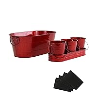 Oval Ice Bucket with 3 Serve Buckets Set - Condiments, Nuts, Ice Cream, Snacks, Candy Serving Bowls, Galvanized Metal Drink Cooler Beverage Tub, Chill Wine & Beer, 2.4 for Home Parties Gallons, Red