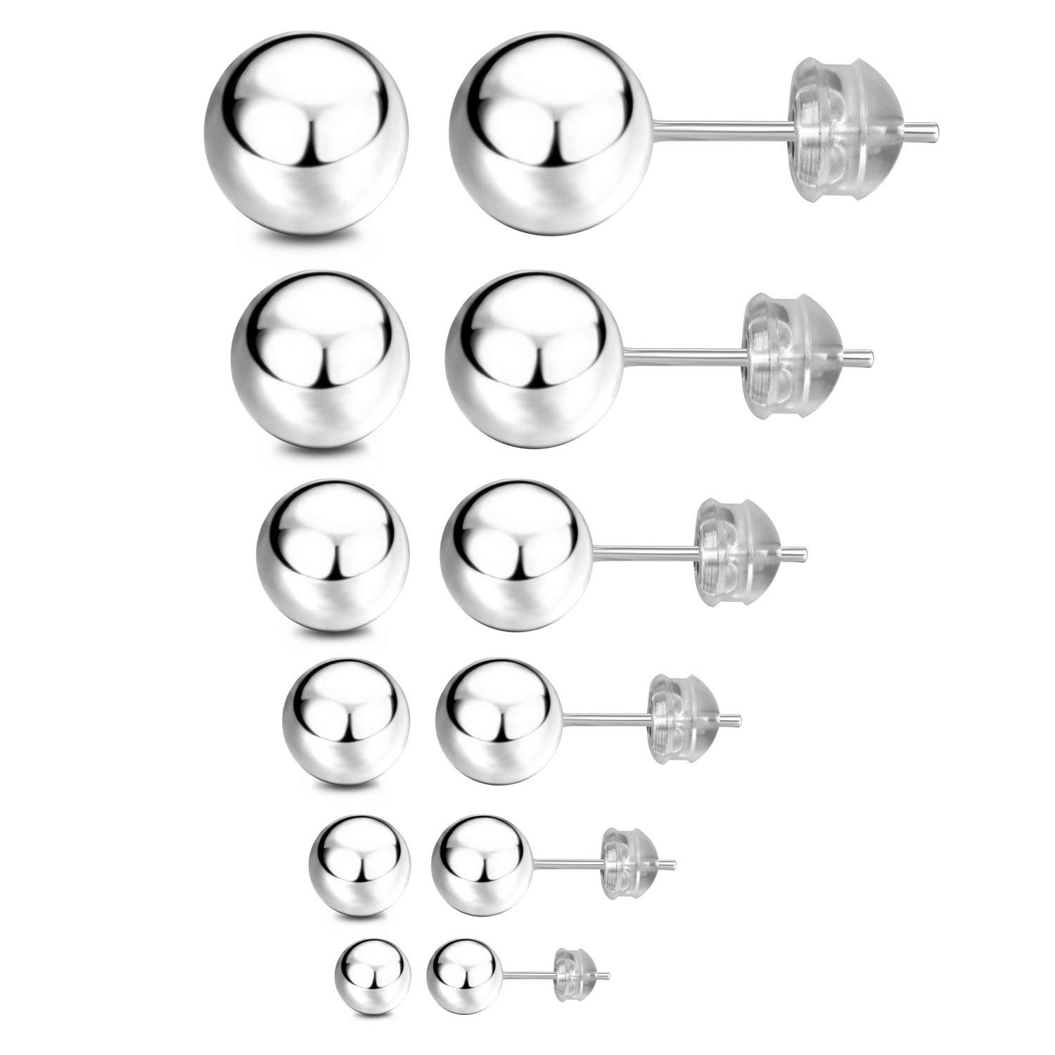 JADENOVA 925 Sterling Silver Ball Stud Earrings for Women Multiple Piercing Earring Set Round Tiny Large Studs for Sensitive Ear Hypoallergenic Men (6 pair,3mm-8mm)