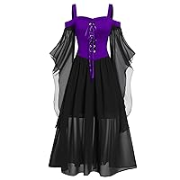 Women Gothic Vintage Corset Dress Plus Size Cold Shoulder High Waist Strap Dress Loose Fit Butterfly Long Sleeve Maxi Dress