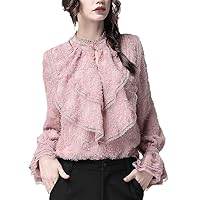 Women Pink Lace Blouse 3D Ruffles Long Sleeve Stand Collar Ladies Top Autumn Plus Size Womens Casual Blouses