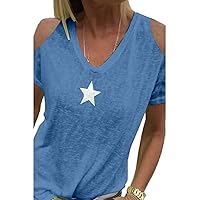 Hot Women's T-Shirt Summer Cold Shoulder Stars Print Plus Size T-Shirt V-Neck Solid Color Top Oversized T-Shirt Women Suits Women (Color : Blue, Size : XXL)