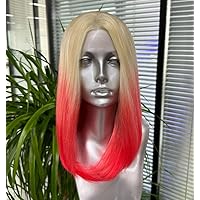 Gradient Ombre Light Blonde to Red Short Bob Synthetic Hair Lace Front Wig - Stylish and Vibrant Hairpiece for a Bold Look VEDAR-813