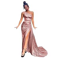 Metallic Satin Mermaid Prom Dresses Sparkly One Shoulder Bridesmaid Dress Corset Formal Evening Party Gowns with Slit