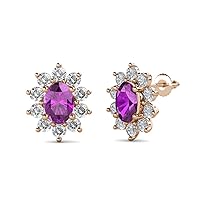 Oval Amethyst Diamond 4 ctw Floral Womens Halo Stud Earrings 14K Gold