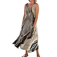 Summer Dresses for Women 2024 Printed Lightweight Sun Dress with Pocket Sleeveless Casual Dress Flowy Trendy Dresses