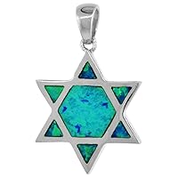 Sterling Silver Synthetic Opal Star of David Necklace for Women Hand Inlay 5/8 inch tall
