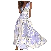 Boho Dresses for Women 2024 Deep V Neck Sexy Swing Long Dress Sleeveless Maxi Casual Dresses Floral Cute Elegant Dress