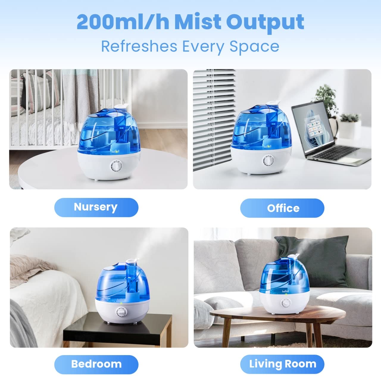 Cool Mist Humidifiers for Bedroom & Large Room (2.5l Water Tank) Quiet Ultrasonic Air Humidifier For Babies Nursery, Office, Indoor Plants & Whole House -Adjustable 360 Rotation Nozzle, Auto-Shut Off