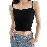 Women Lace Trim Crop Camisole Summer Spaghetti Strap Square Neck Tank Tops Y2K Sexy Slim Fit Basic Solid Undershirts