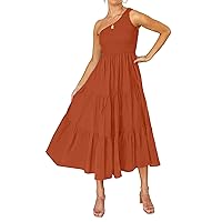 ZESICA Women's 2024 Bohemian Summer Floral Print One Shoulder Sleeveless Smocked Ruffle Tiered Beach Long Midi Dress