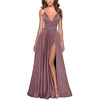 Elegant Long Bridesmaid Dresses for Women with Slit V-Neck Pleated Formal Dress with Train Satin Prom Evening Gowns