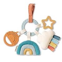 Itzy Ritzy Teething Activity Toy - Bitzy Busy Features Braided Ring and Dangling Toys, Includes Teether, Textured Ribbons, Crinkle Sound & Jingle Bell, Rainbow