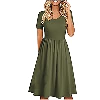 Women's Swing V-Neck Trendy Glamorous Dress Solid Color Casual Loose-Fitting Summer Beach Short Sleeve Midi Flowy Green
