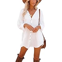 iGENJUN Women's Long Sleeve Beach Cover-ups Button Down Oversized Tunic Dress Shirt Boho Dresses with Pockets