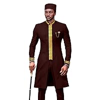 African Clothes for Men Dashiki Slim Fit Embroidery Jacket and Pants Match Muslim Caps Set Wedding Suit
