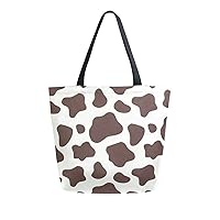 ALAZA Brown and White Cow Print Large Canvas Tote Bag Shopping Shoulder Handbag with Small Zippered Pocket