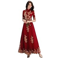 Burgundy Embroidery Oriental Style Banquet Dresses Chinese Women Qipao Traditional Wedding Evening Party Gowns