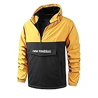 Jackets for Men - Men Letter Embroidery Two Tone Half Zip Drawstring Hooded Jacket (Color : Multicolor, Size : X-Small)