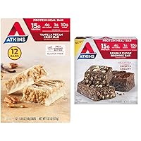 Atkins Vanilla Pecan Crisp & Double Fudge Brownie Protein Meal Bars, High Fiber, 15g Protein, 1g Sugar, 4g Net Carb, 12 & 5 Count