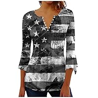 4th of July Shirt Independence Day 3/4 Sleeve Tops for Women USA Printed Casual Summer Tshirts 2024 Blouse Tees