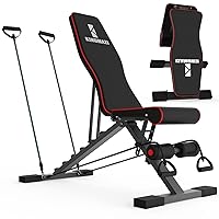 Adjustable Weight Bench, Exercise Workout Bench for Full Body Workout- Multi-Purpose Foldable Bench, Folding Dumbbells Bench with Elastic Ropes