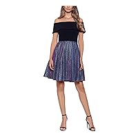 Betsy & Adam Womens Black Zippered Glitter Lined Short Sleeve Off Shoulder Above The Knee Party Fit + Flare Dress 10