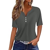 Summer Tops for Women 2027 Short Sleeve Button V Neck Tshirts Trendy Dressy Casual Blouses Loose Fit Graphic Tunics Greys 3XL