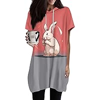 Women's Easter Blouse Fashion Casual Print Hooded Pocket Short Sleeve Top Dresses 2024, S-3XL