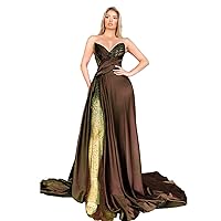 Women's Satin Prom Dresses Long Split A-Line Sleeveless Beaded Sexy Floor Length Formal Evening Party Gowns