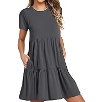 Summer Dresses for Women 2024 Casual Smocked Short Sleeve Shirts Dress High Waist Tiered Hem Cute Mini Dress (XX-Large, Dark Gray)