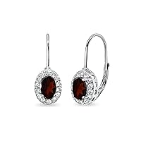 Sterling Silver Genuine or Synthetic Gemstone 6x4mm Oval Halo Leverback Drop Earrings for Women