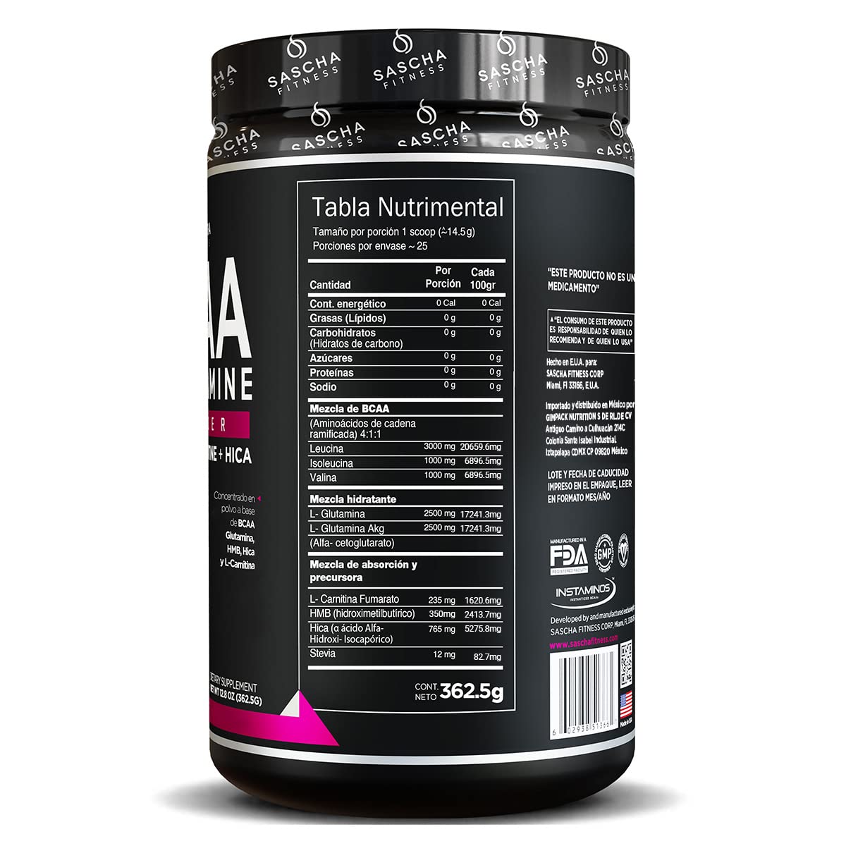 SASCHA FITNESS BCAA 4:1:1 + Glutamine, HMB, L-Carnitine, HICA | Powerful and Instant Powder Blend with Branched Chain Amino Acids (BCAAs) for Pre, Intra and Post-Workout | Natural Grape Flavor, 350g