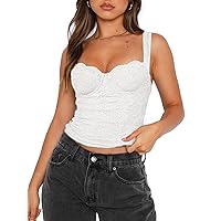 REORIA Women's Summer Sexy Square Neck Sleeveless Going Out Lace Bustier Tank Crop Tops