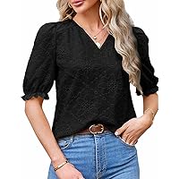 Women's Tops Summer Dressy Casual Blouses Embroidered Shirts V Neck Half Sleeves Loose Hollow Out Tops 2024 Spring Blouses Black