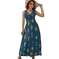Cartoon Bug and Beetle Maxi Dress for Women Sleeveless High Waist V Neck Beach Sundresses