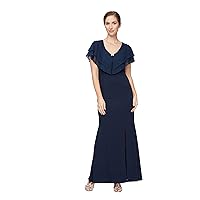 S.L. Fashions Women's Long Stretch Ruffle V-Neck Crepe Dress