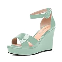Womens Open Toe Buckle Round Toe Sexy Patent Ankle Strap Night Club Platform Wedge High Heel Heeled Sandals 4 Inch