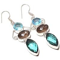 Outstanding! Blue and Smokey Topaz Quartz HANDMADE Jewelry Sterling Silver Plated Earring 2.5