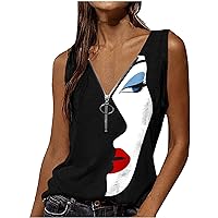 Womens Summer Tank Tops Trendy Abstract Art Face Print T Shirt V Neck Zipper Sleeveless Tee Casual Work Blouse
