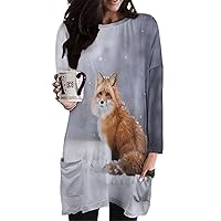 Red Fox in Snowy Winter Women's Long Sleeve T-Shirt Dress with Pockets Crewneck Tunic Top