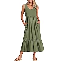 Women's Summer Casual Sleeveless V Neck Swing Dress Fit Flare Flowy Tiered Maxi Beach Sundress with Pockets