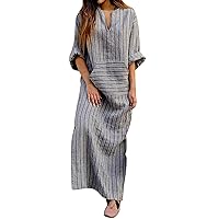 Womens Cotton Linen Striped Dress Oversized Deep V Neck Half Sleeves Maxi Shirt Dresses with Kangaroo Pockets