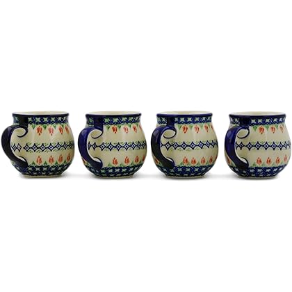 Polish Pottery Set of Four 12oz Mugs (Tulips And Diamonds Theme) + Certificate of Authenticity