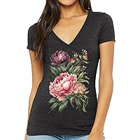 Peonies Print Women's V-Neck T-Shirt - Floral V-Neck Tee - Art T-Shirt