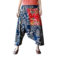 Women's Casual Patchwork Wide Leg Harem Boho Palazzo Casual Pants with Pocket Multicoloured