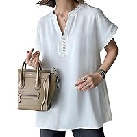 MARIA MARFA 3S-M34 Women's Pearl Button Key Neck Blouse with Beads, Short Sleeve Top, M-2XL