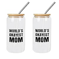 2 Pack Glass Cup 16 Oz with Lids Straws World's Okayest Mom Glass Cup Can Beer Cups Mom Birthday Gifts Cups Great For for Beer Ice Coffee