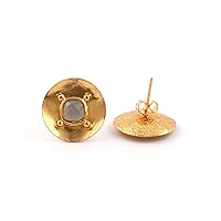Fabulous White Moonstone Gemstone Brass Stud Earrings Lightweight Half Bezel Setting Gold Plated Jewelry.