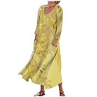 Dresses for Women 2024 Printed 3/4 Sleeve Sun Dress with Pocket Vacation Casual Dresses Lightweight Trendy Dress